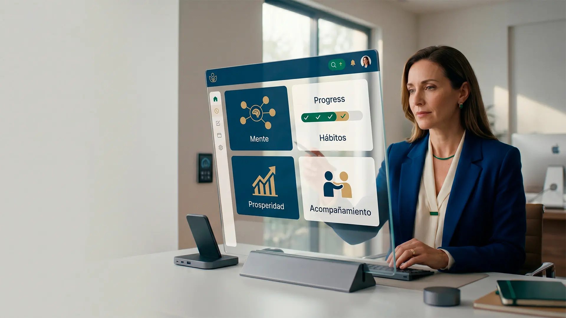 Persona usando una plataforma digital de desarrollo personal integral con módulos de hábitos, prosperidad, formación y acompañamiento.