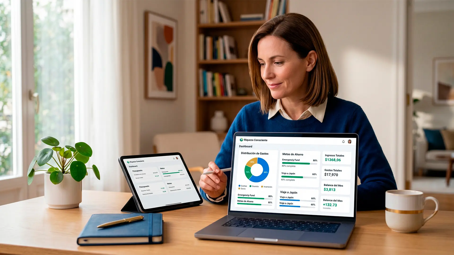 Persona revisando un dashboard financiero para organizar presupuesto, metas e ingresos.